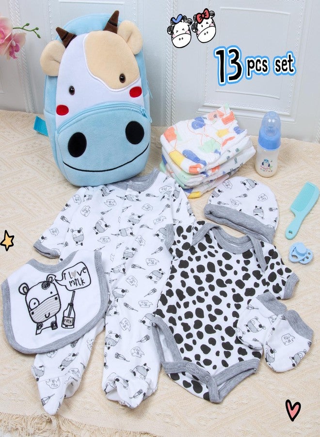 Pedolltree Reborn Baby Dolls Clothes Outfit Accessories Cow 13 Pcs Set for 17-22 Inch Reborn Dolls Newborn Boy with Blue Cow Backpack Diaper - Image 2